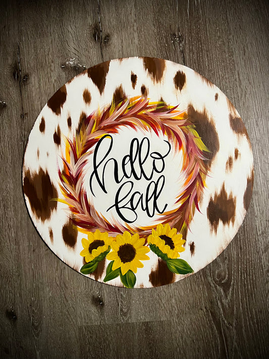 Hello Fall Cow Print Door Hanger
