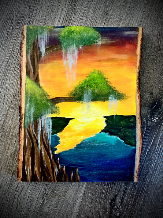 Bayou Sunset Painting on Wood Slice